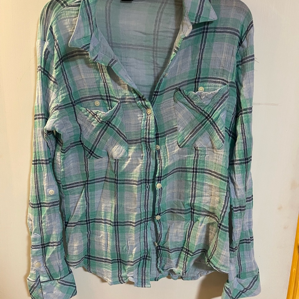 Sanctuary Mint Plaid Boyfriend Shirt